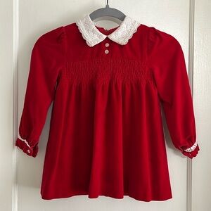 Vintage 4T 5T Red Cotton Velvet Smocked Holiday Dress with Lace Collar Christmas